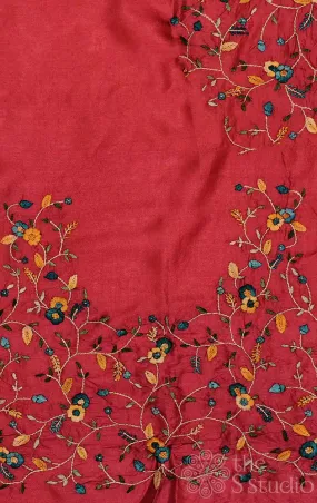 Maroon tussar fabric with floral kutch hand embroidery