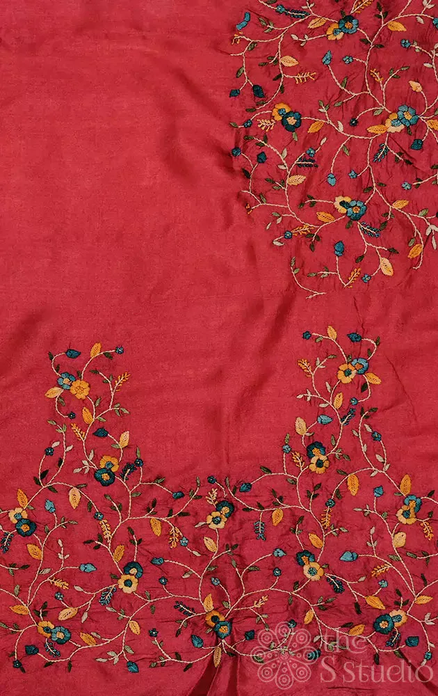 Maroon tussar fabric with floral kutch hand embroidery