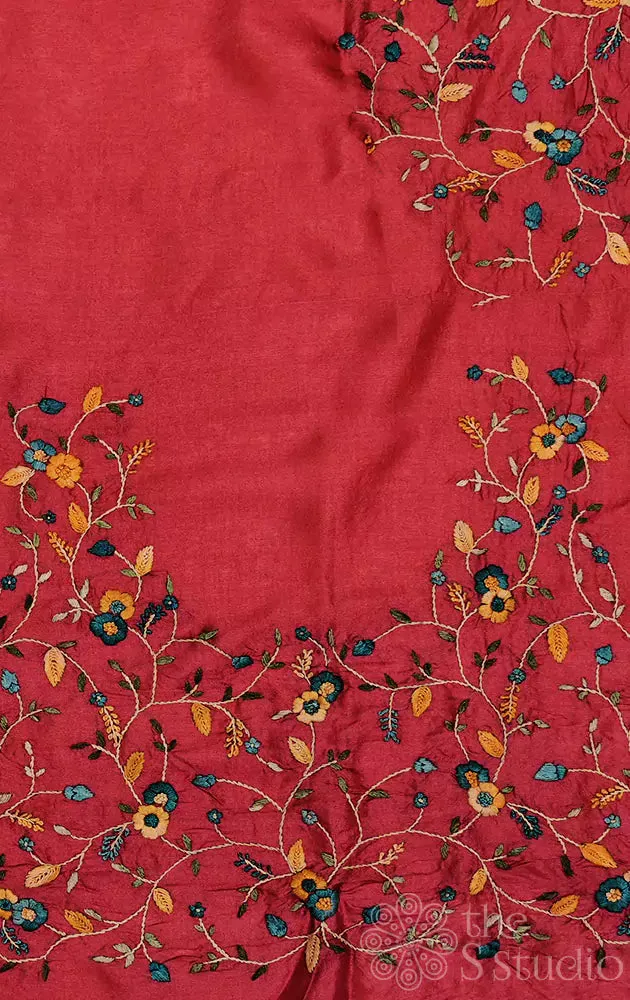 Maroon tussar fabric with floral kutch hand embroidery