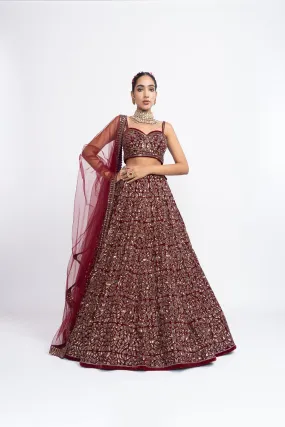 Mehroon fully embroidered corset lehnga set