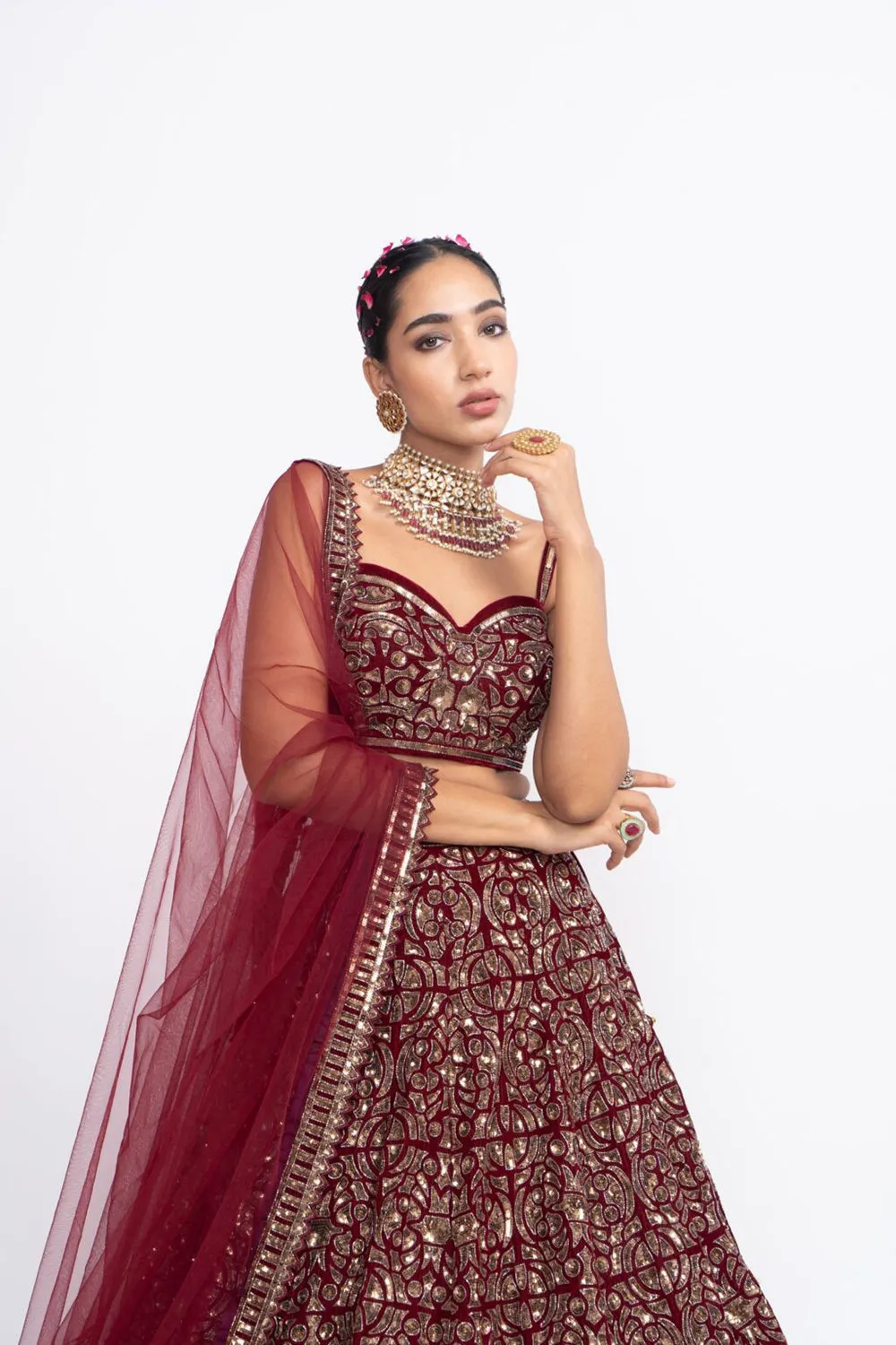 Mehroon fully embroidered corset lehnga set