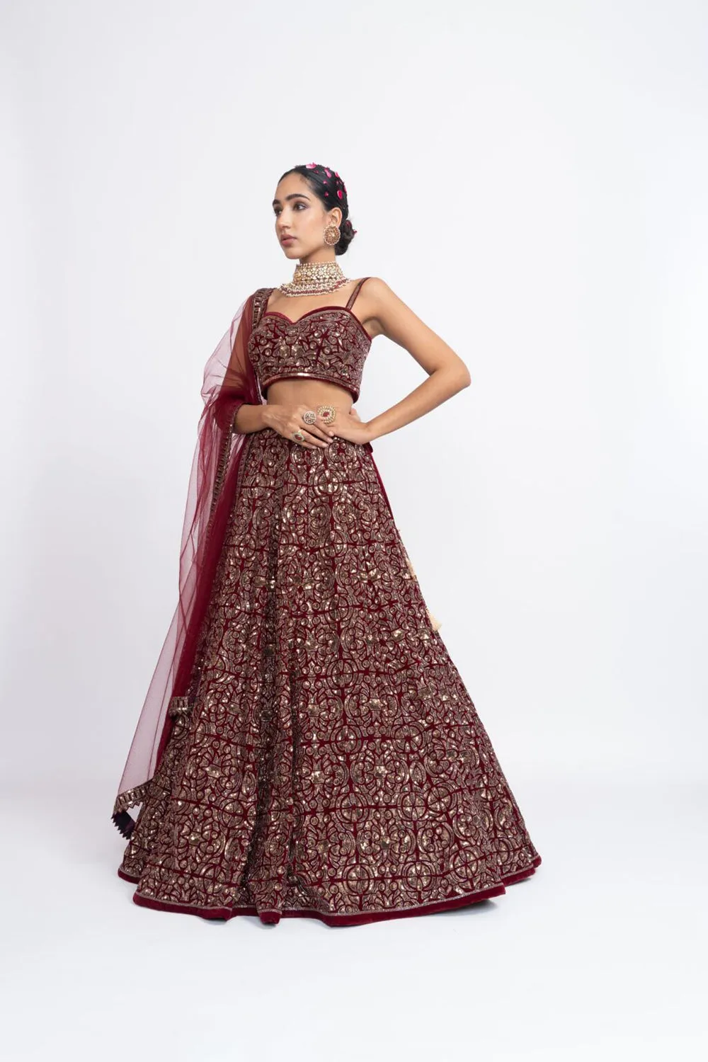 Mehroon fully embroidered corset lehnga set