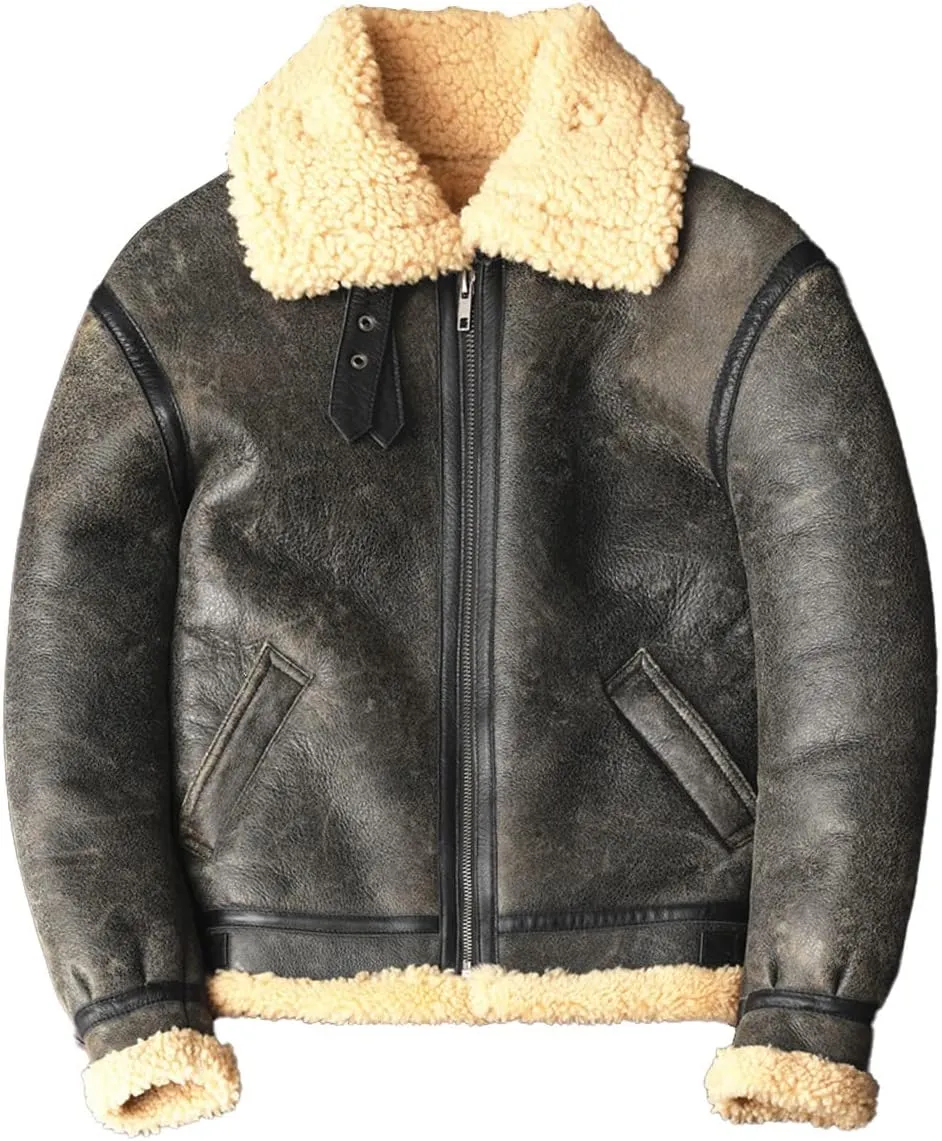 Men’s Brown Bomber Vintage Faux Fur Lined Aviator Genuine Sheepskin Sherpa Shearling Leather Jacket