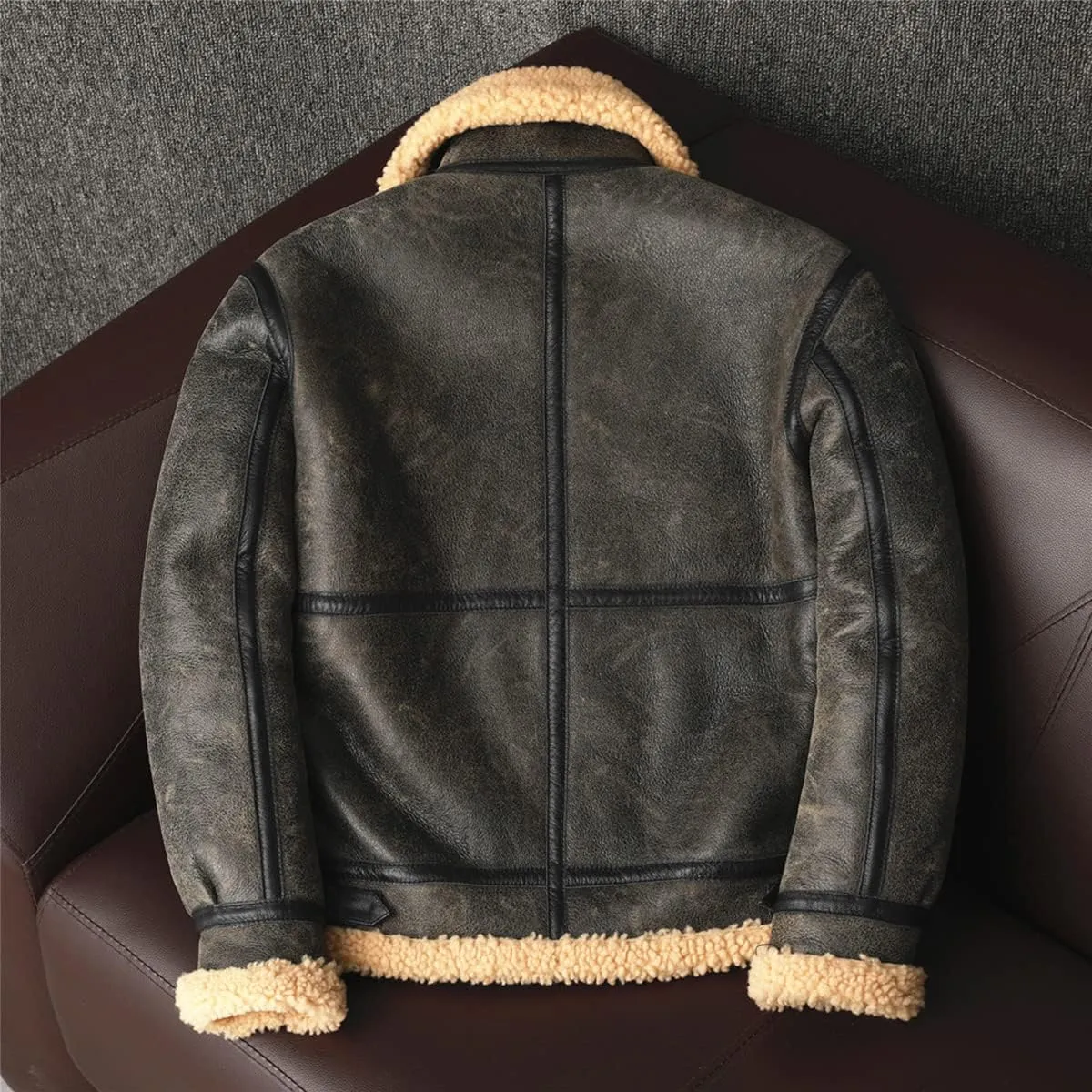 Men’s Brown Bomber Vintage Faux Fur Lined Aviator Genuine Sheepskin Sherpa Shearling Leather Jacket