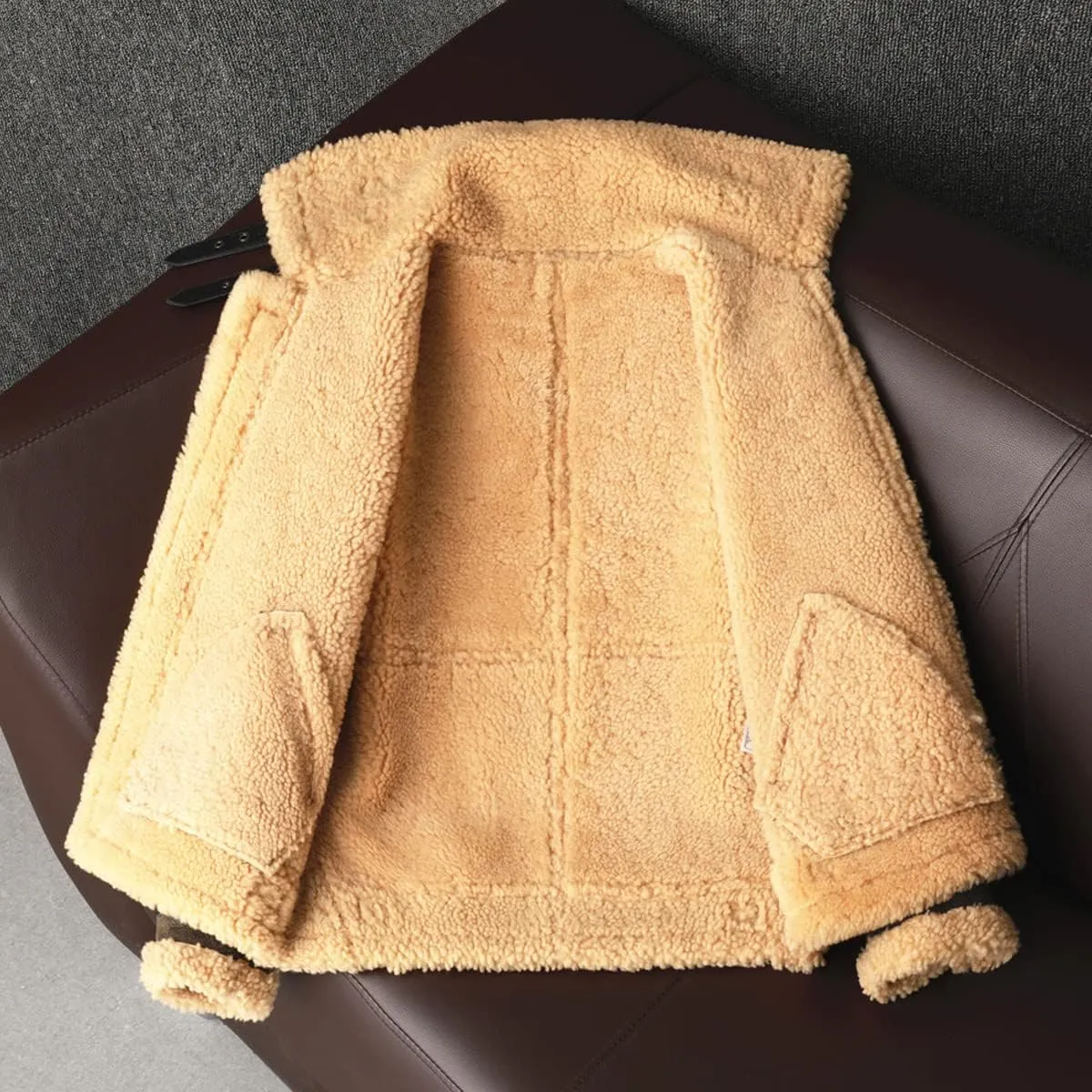 Men’s Brown Bomber Vintage Faux Fur Lined Aviator Genuine Sheepskin Sherpa Shearling Leather Jacket