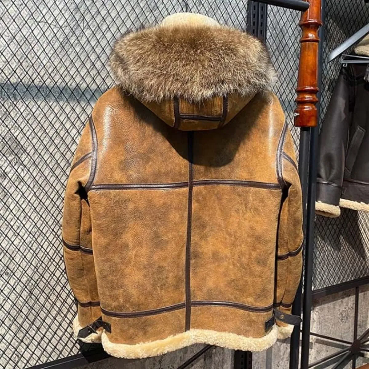 Men's Brown Detachable Hood Bomber Vintage Real Fur Lined Warm Genuine Sheepskin Sherpa Shearling Leather Jacket