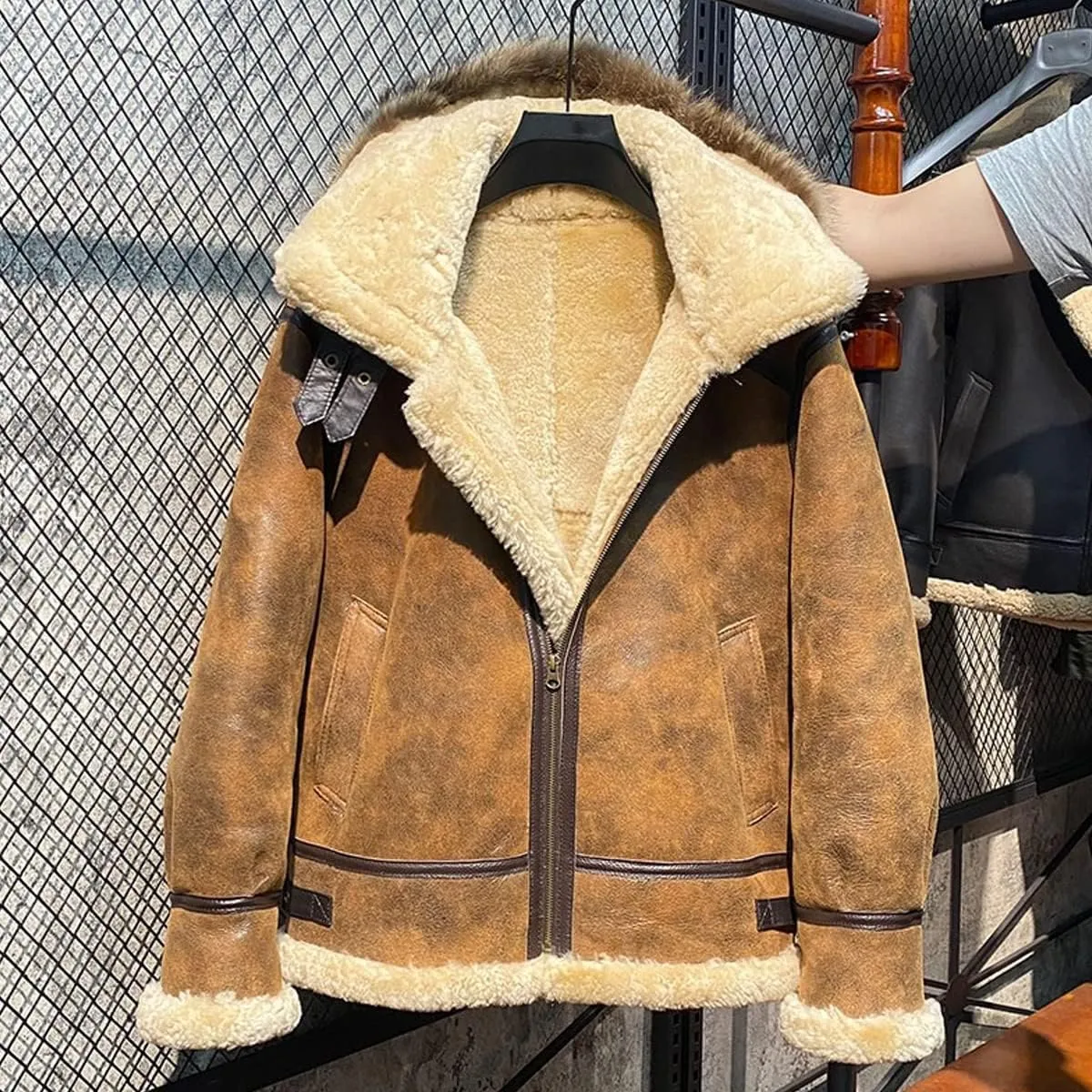Men's Brown Detachable Hood Bomber Vintage Real Fur Lined Warm Genuine Sheepskin Sherpa Shearling Leather Jacket