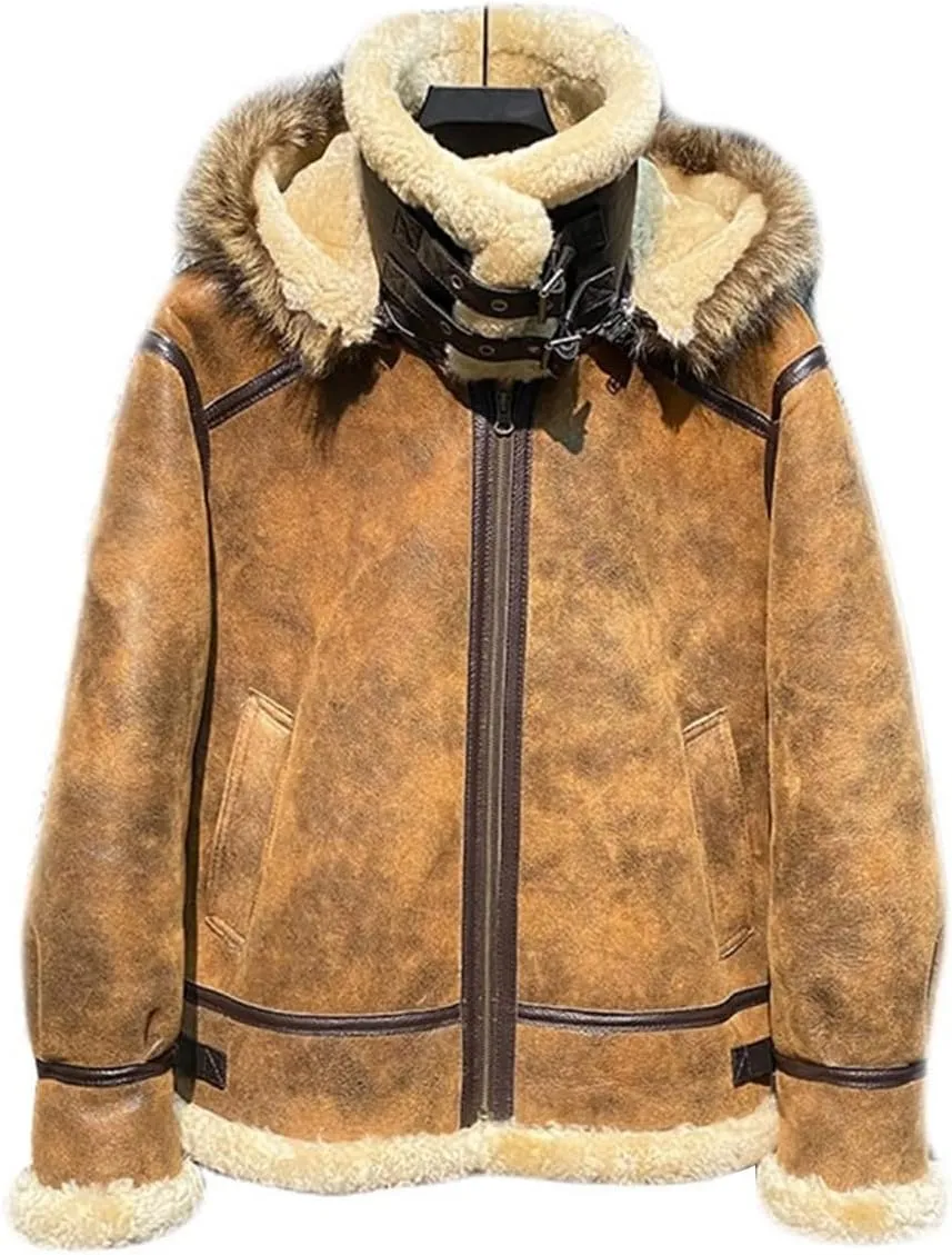 Men's Brown Detachable Hood Bomber Vintage Real Fur Lined Warm Genuine Sheepskin Sherpa Shearling Leather Jacket