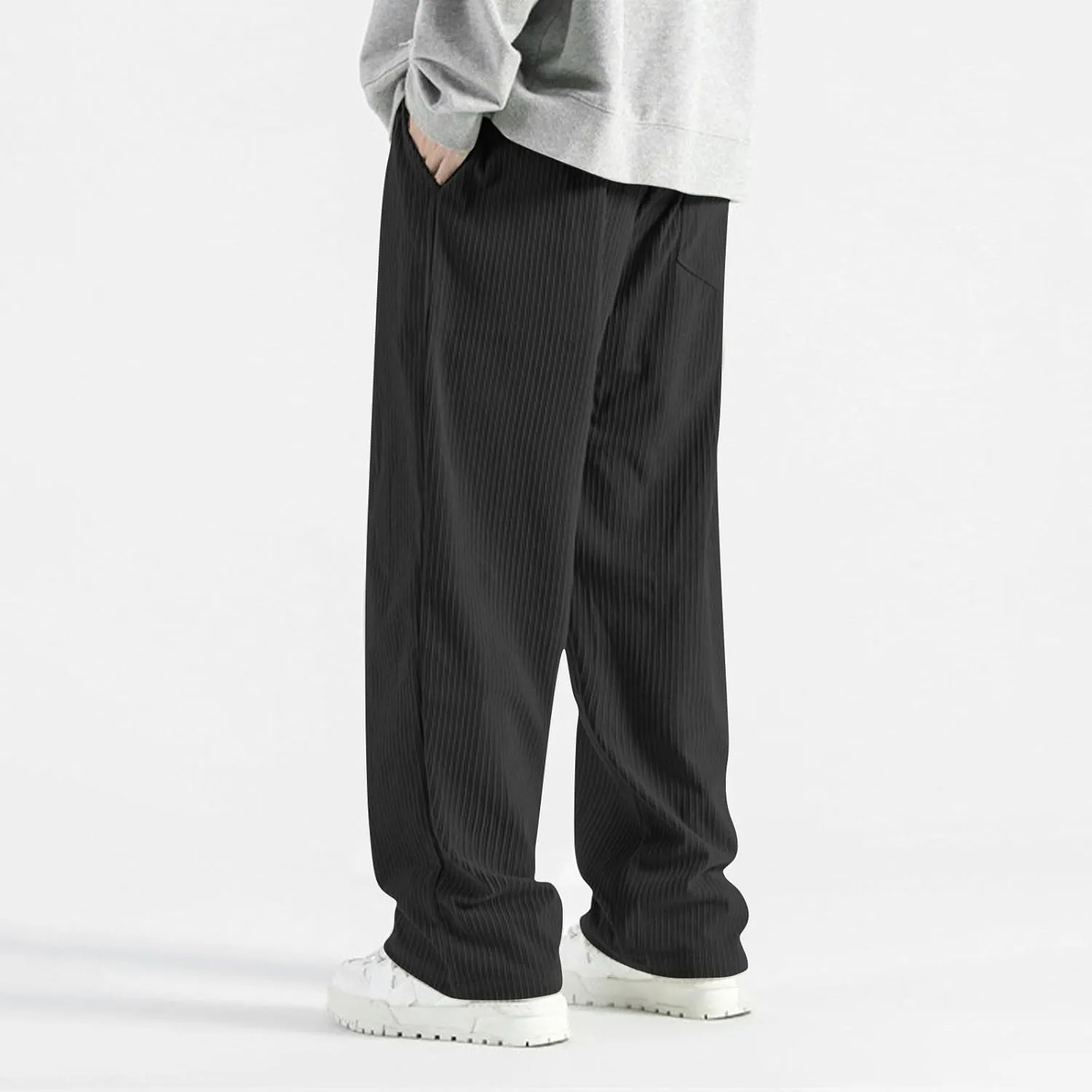 Men's Casual Baggy Corduroy Pants Stylish Comfortable Elastic High Waist Drawstring Wide Leg Trousers with Pockets