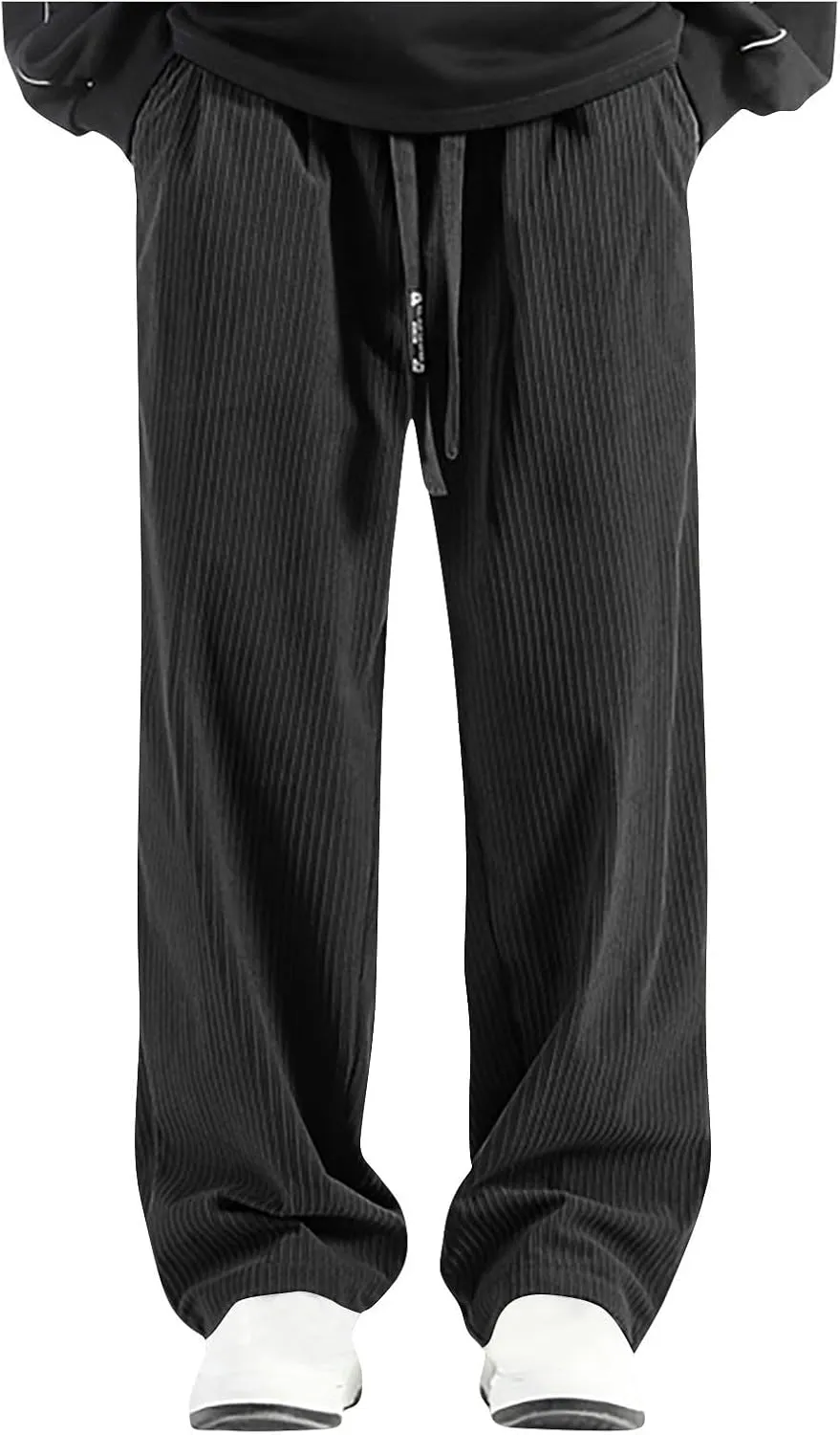 Men's Casual Baggy Corduroy Pants Stylish Comfortable Elastic High Waist Drawstring Wide Leg Trousers with Pockets