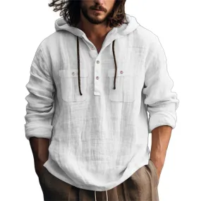Men's Casual Cotton Linen Chest Pocket Loose Hoodie 39860824M