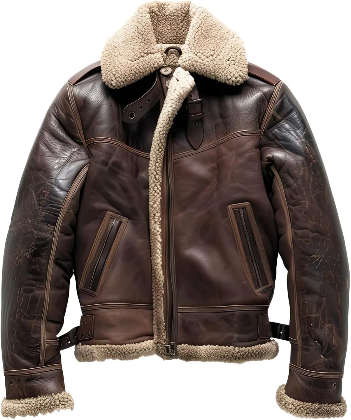 Men’s Distressed Dark Brown Sheepskin Sherpa Shearling Faux Fur Lined Western Cowboy Leather Jacket Vintage Aviator B3 Bomber