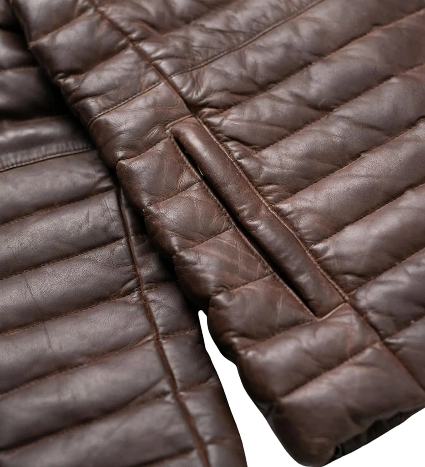 Men's Down Leather Puffer Jacket, Distressed Real Lamb Skin Leather, Quilted, Brown Color
