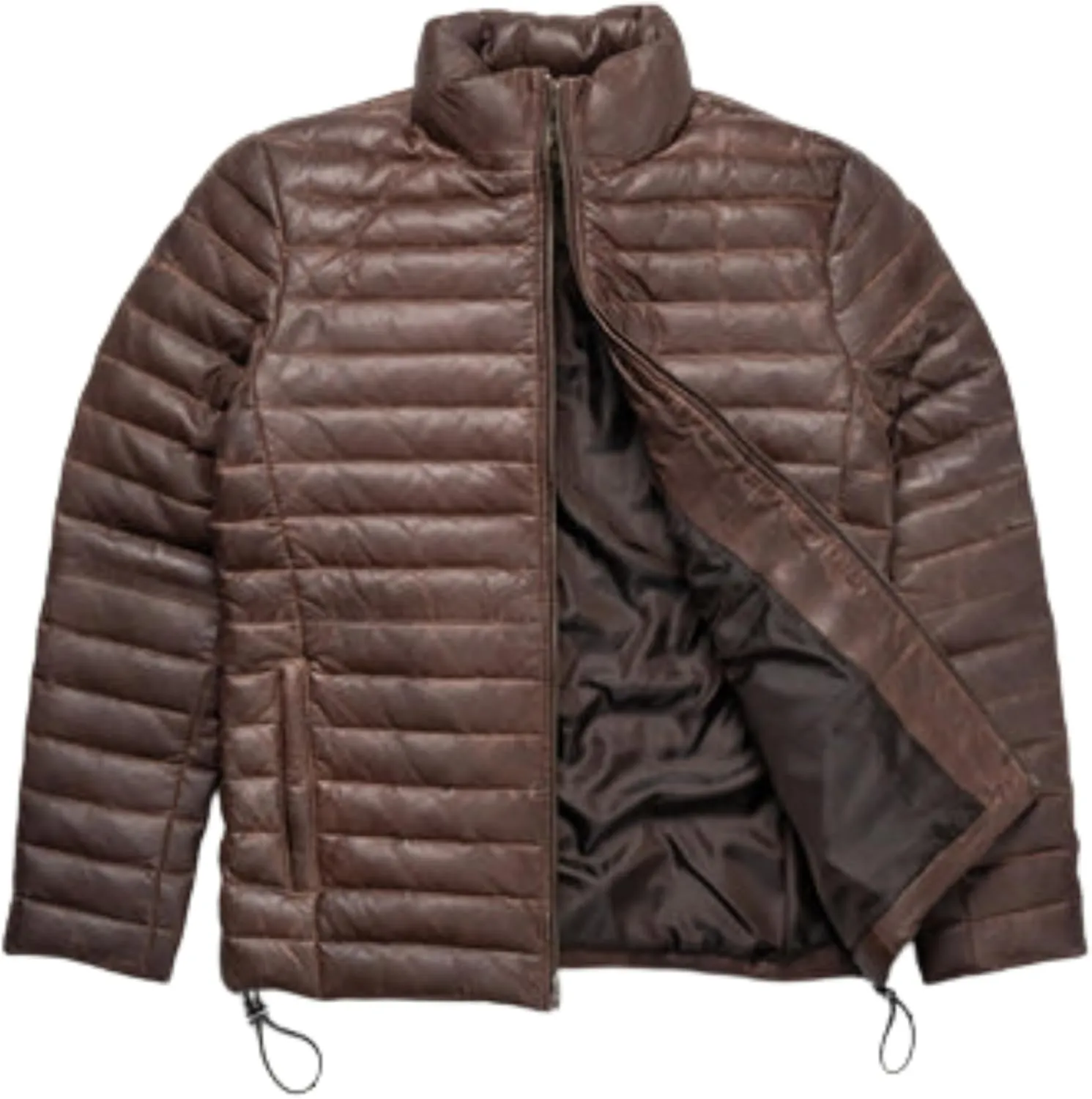 Men's Down Leather Puffer Jacket, Distressed Real Lamb Skin Leather, Quilted, Brown Color