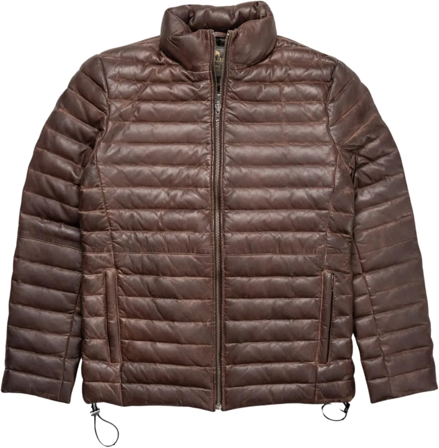 Men's Down Leather Puffer Jacket, Distressed Real Lamb Skin Leather, Quilted, Brown Color