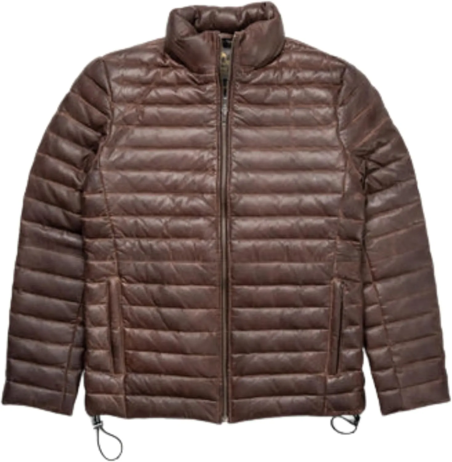 Men's Down Leather Puffer Jacket, Distressed Real Lamb Skin Leather, Quilted, Brown Color