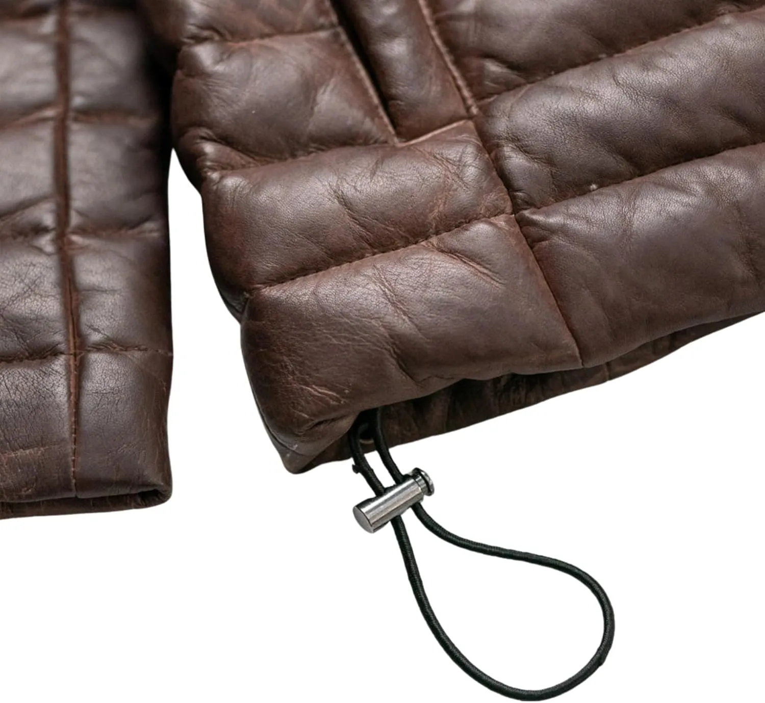 Men's Down Leather Puffer Jacket, Distressed Real Lamb Skin Leather, Quilted, Brown Color