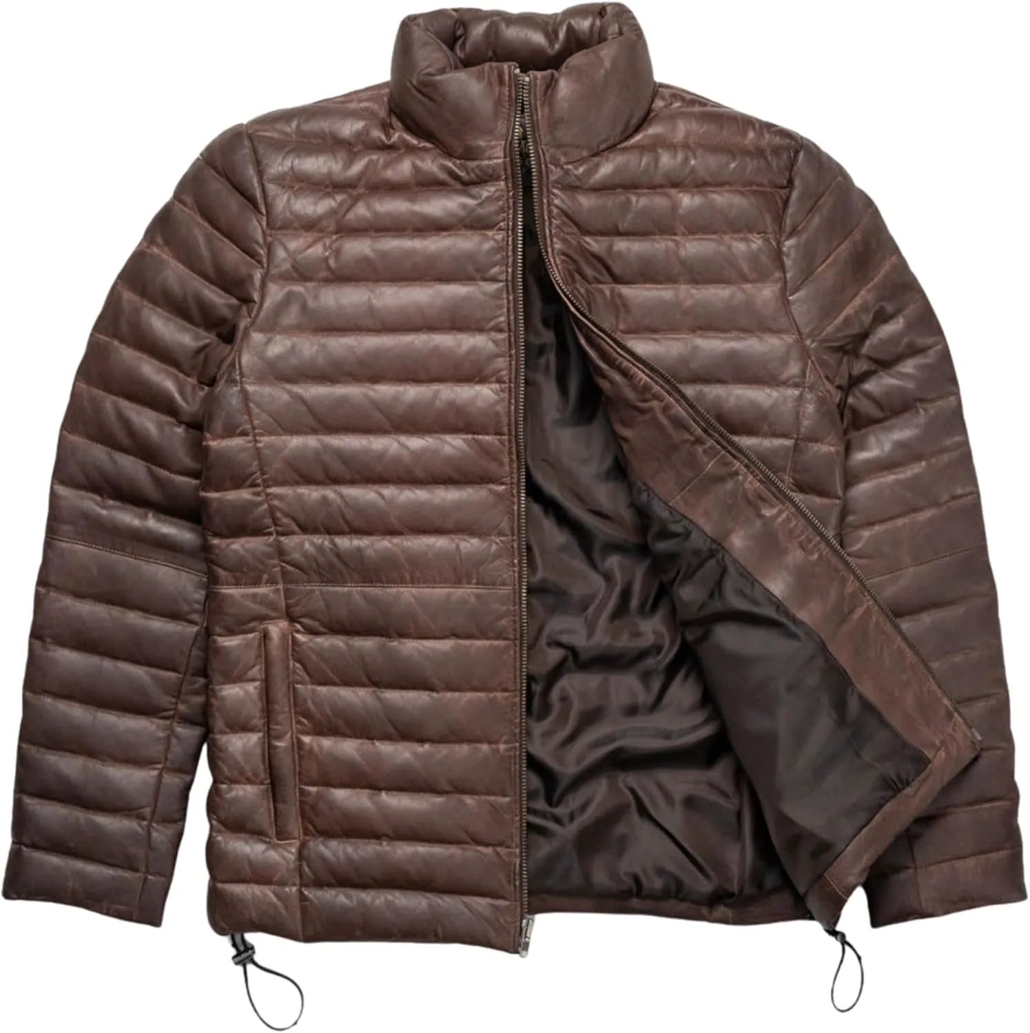 Men's Down Leather Puffer Jacket, Distressed Real Lamb Skin Leather, Quilted, Brown Color
