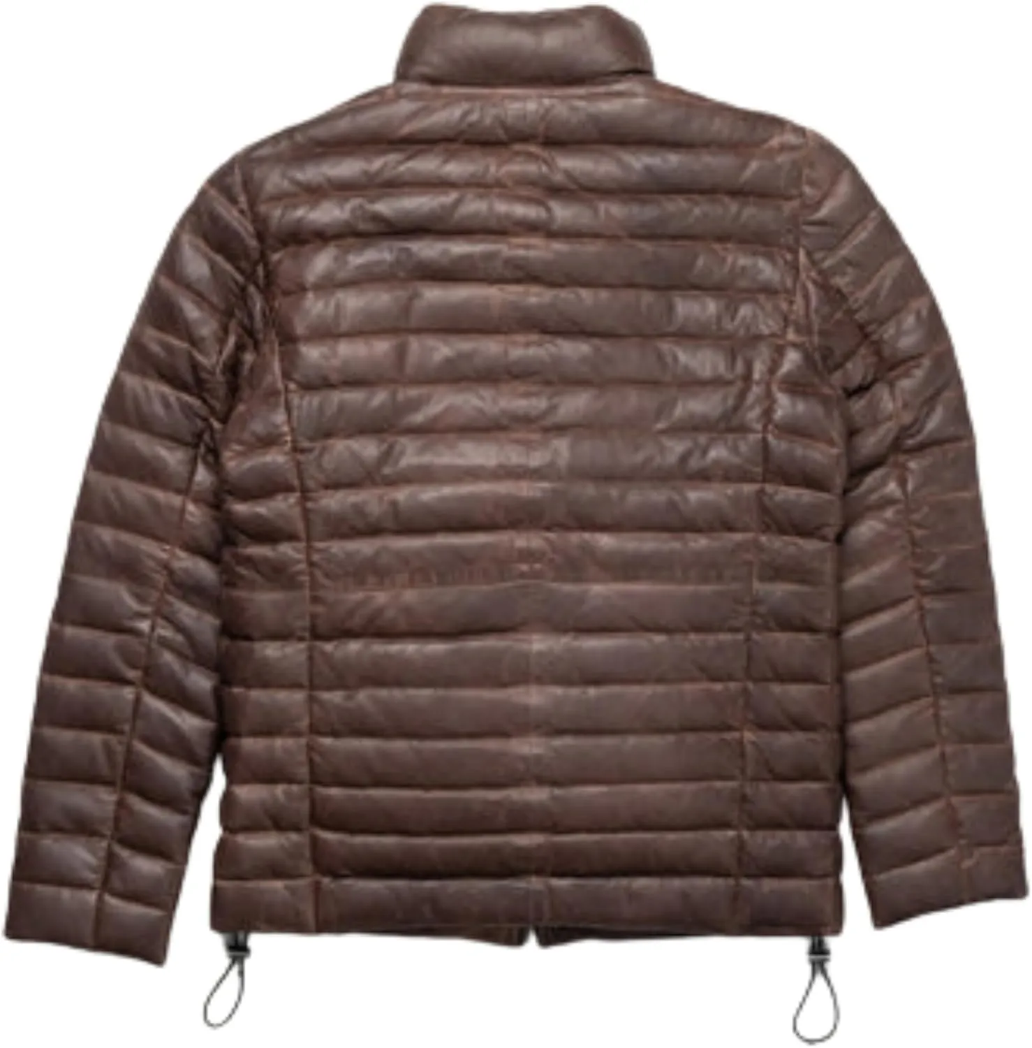 Men's Down Leather Puffer Jacket, Distressed Real Lamb Skin Leather, Quilted, Brown Color