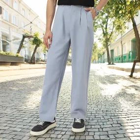 Men's Light Blue Loose Baggy Fit Solid Korean Trousers Stretchable