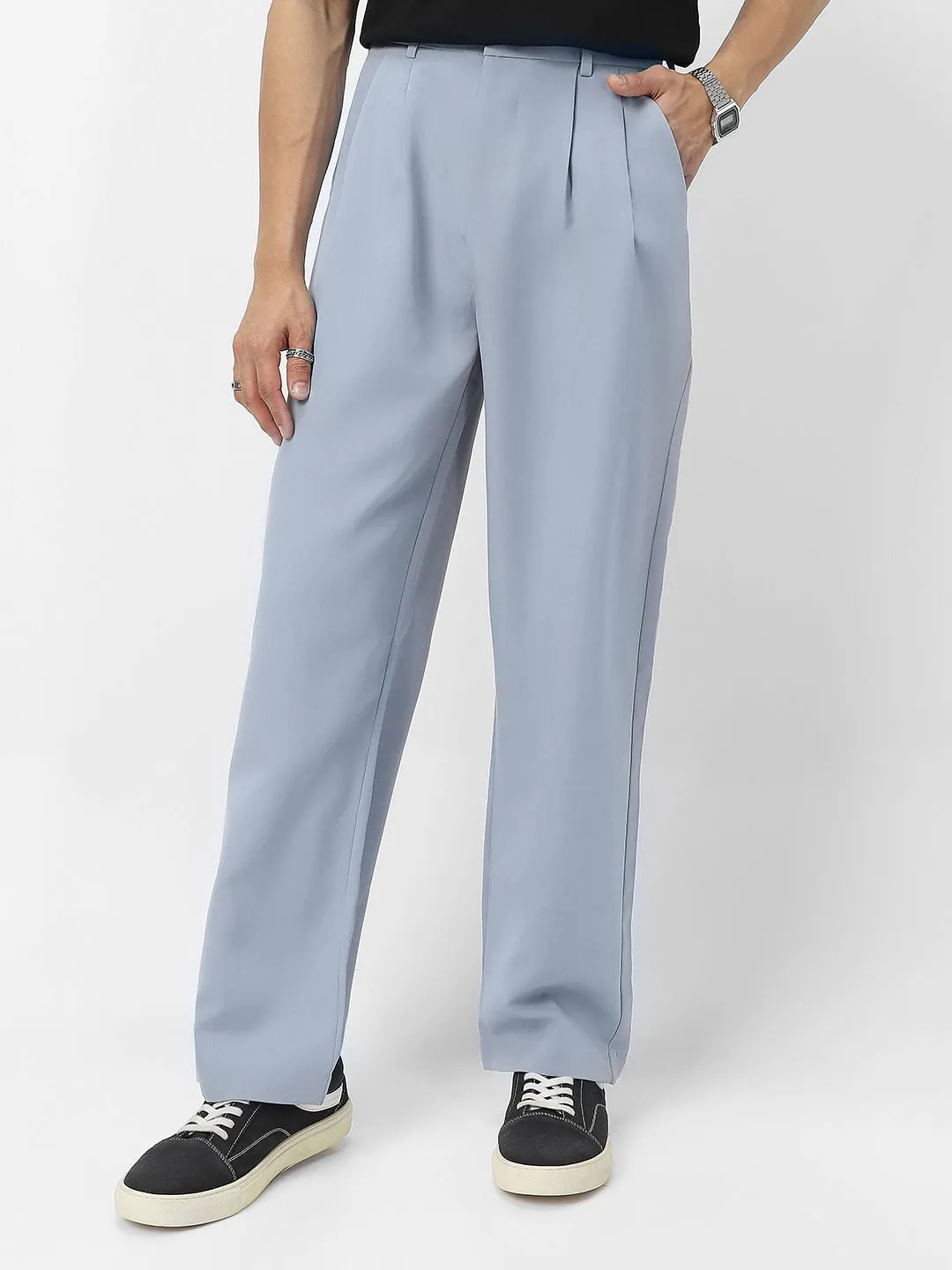 Men's Light Blue Loose Baggy Fit Solid Korean Trousers Stretchable