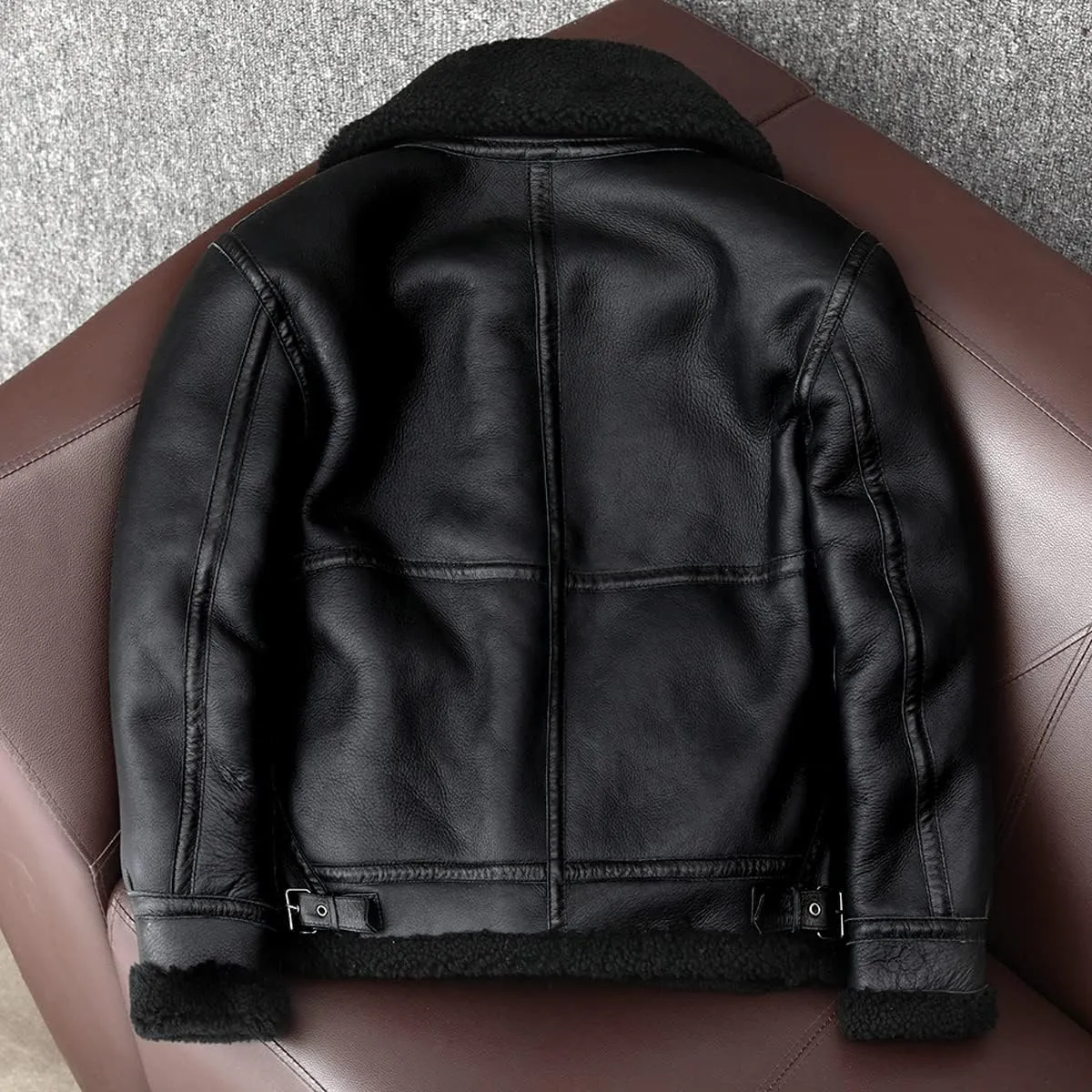 Men’s Vintage Black B3 Bomber Genuine Sheepskin Sherpa Shearling Faux Fur Lined Pilot Aviator G1 Military Leather Jacket