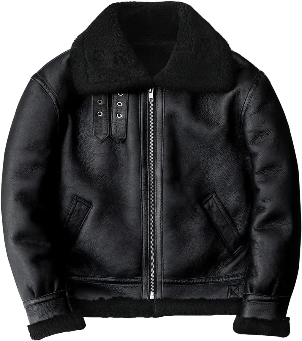 Men’s Vintage Distressed Black B3 Bomber Genuine Sheepskin Sherpa Shearling Faux Fur Lined Pilot Aviator G1 Military Leather Jacket