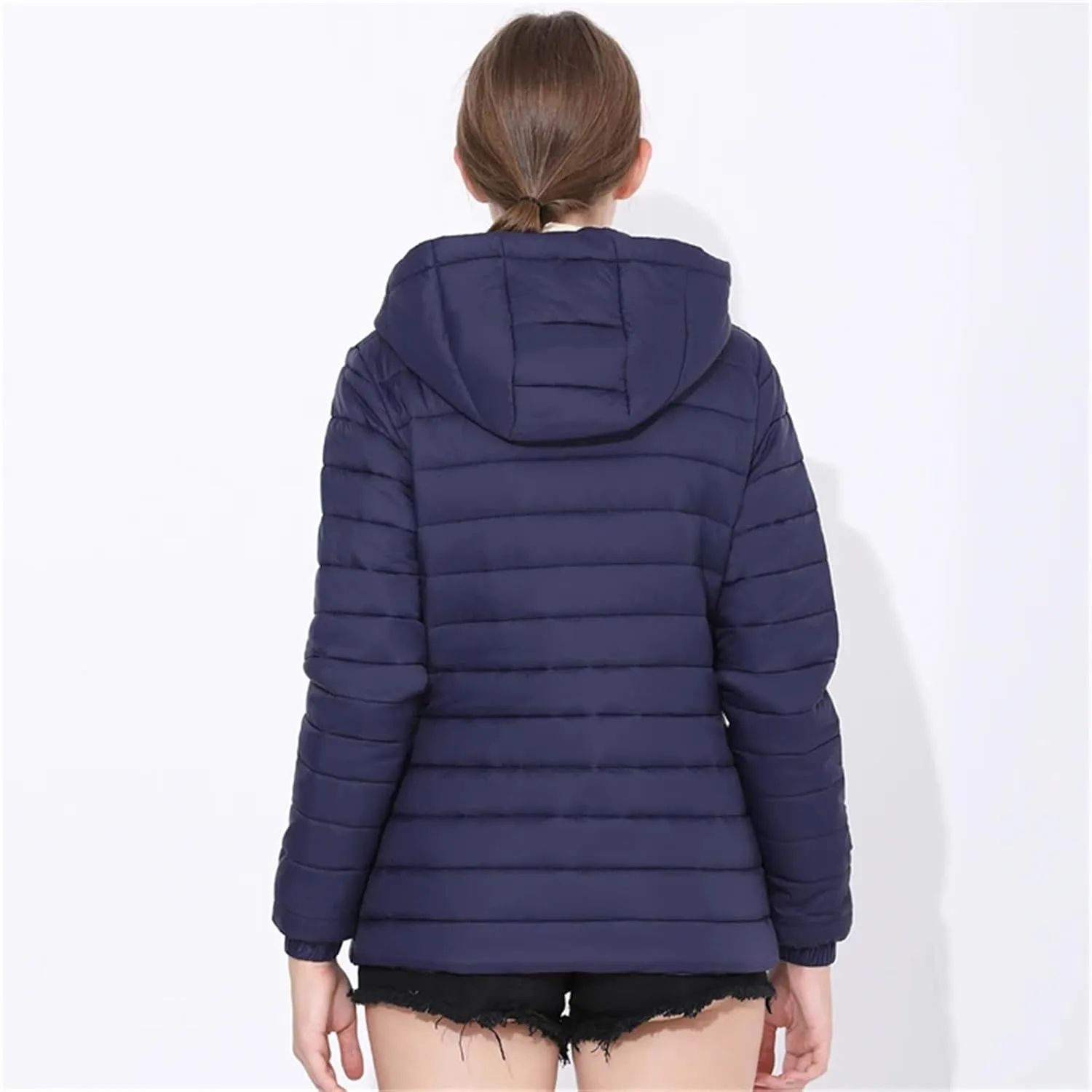 Mnjyihy Women Hooded Puffer Jacket Lightweight Warm Down Coat Casual Packable Pockets Quilted Full-Zip Down Jacket