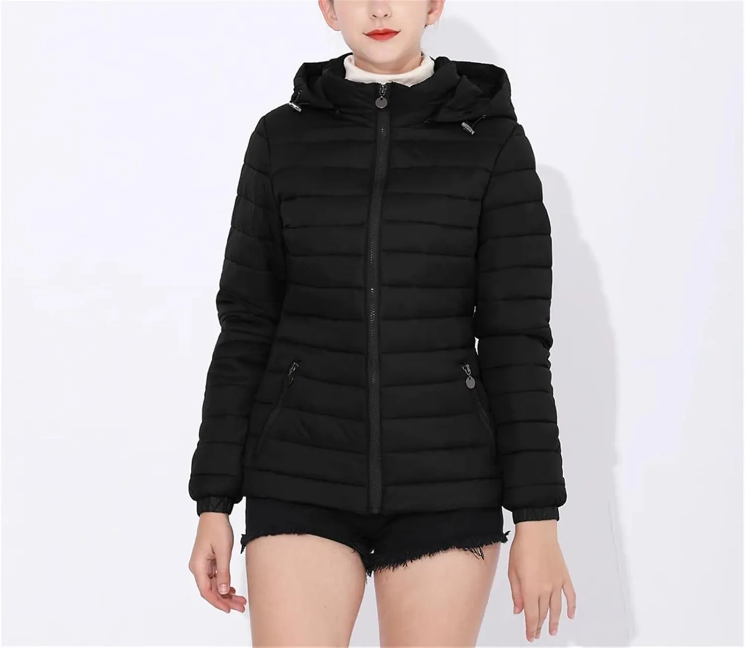 Mnjyihy Women Hooded Puffer Jacket Lightweight Warm Down Coat Casual Packable Pockets Quilted Full-Zip Down Jacket