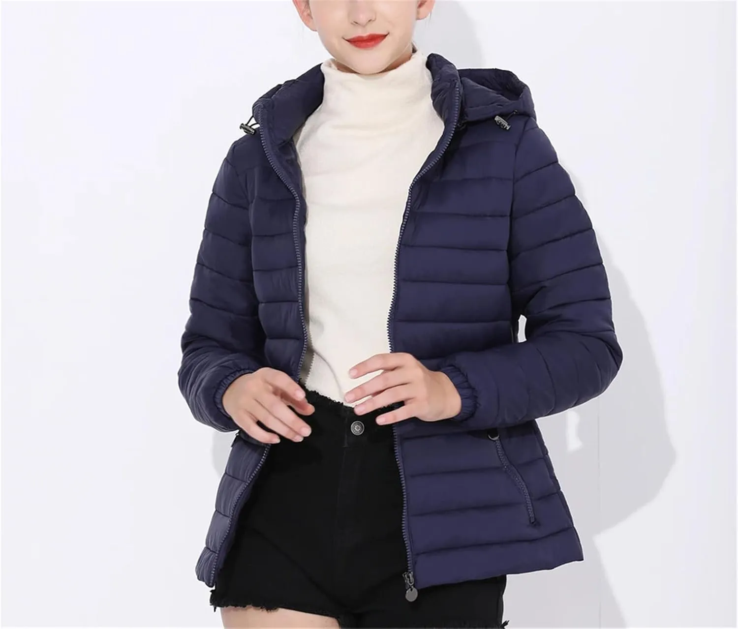 Mnjyihy Women Hooded Puffer Jacket Lightweight Warm Down Coat Casual Packable Pockets Quilted Full-Zip Down Jacket