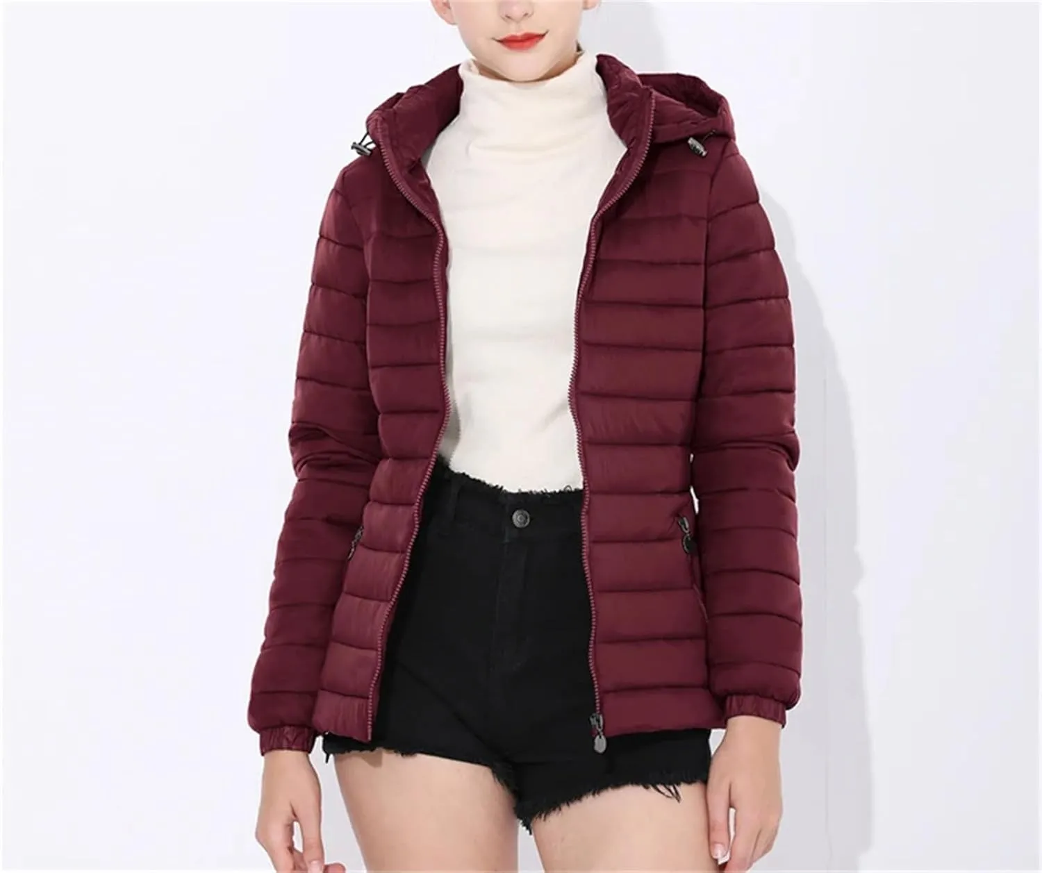 Mnjyihy Women Hooded Puffer Jacket Lightweight Warm Down Coat Casual Packable Pockets Quilted Full-Zip Down Jacket