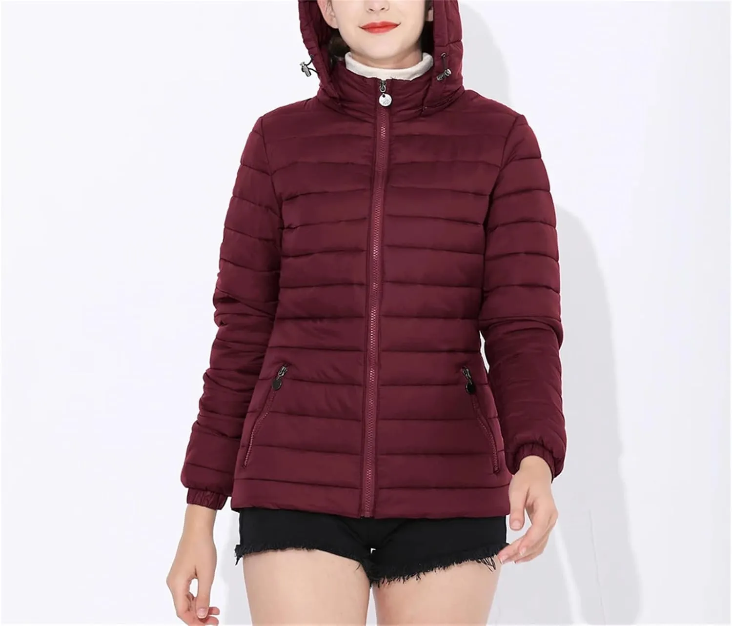 Mnjyihy Women Hooded Puffer Jacket Lightweight Warm Down Coat Casual Packable Pockets Quilted Full-Zip Down Jacket