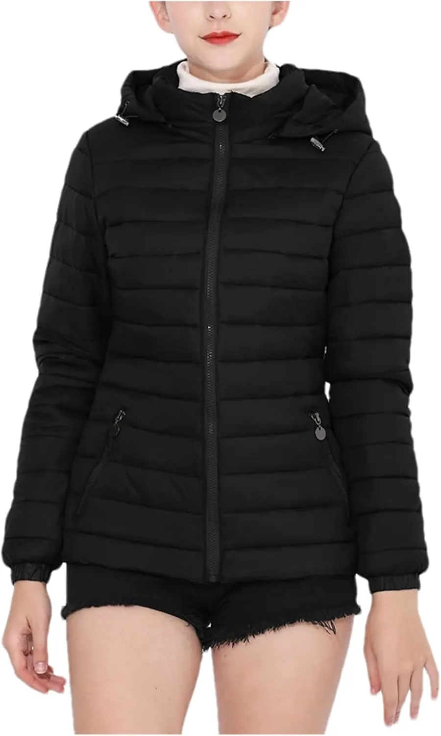 Mnjyihy Women Hooded Puffer Jacket Lightweight Warm Down Coat Casual Packable Pockets Quilted Full-Zip Down Jacket