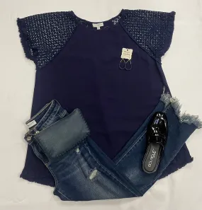 Navy Blue Lace Sleeve Blouse