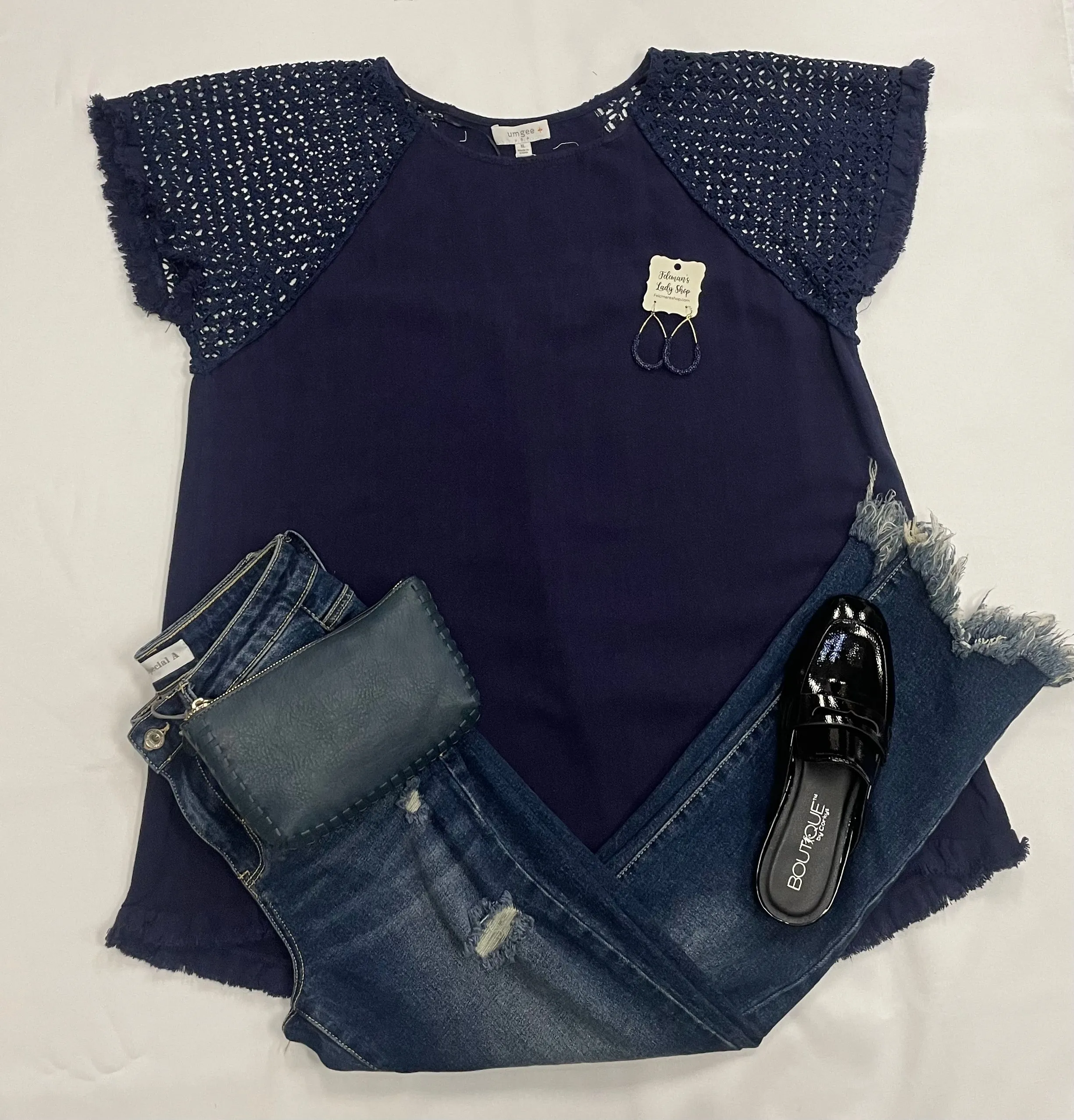 Navy Blue Lace Sleeve Blouse