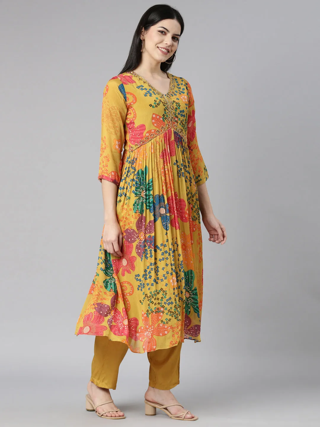 Neerus Mustard Pleated Straight Floral Kurta And Trousers With Dupatta