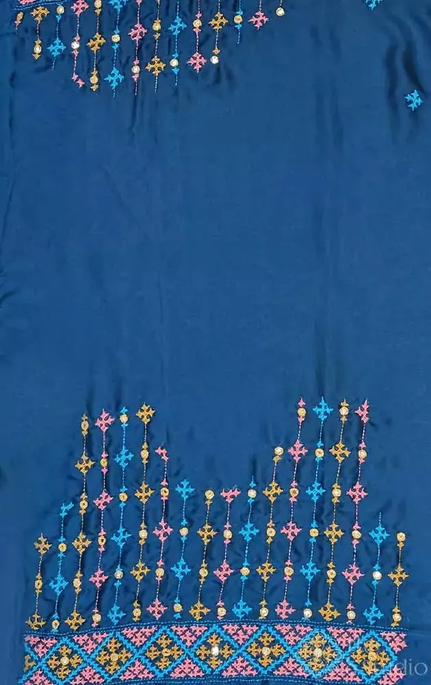 Peacock blue semi silk material featuring mirro work kutch hand embroidery