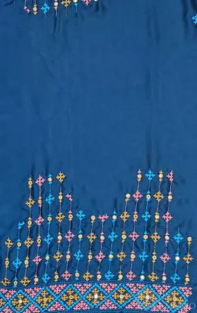 Peacock blue semi silk material featuring mirro work kutch hand embroidery