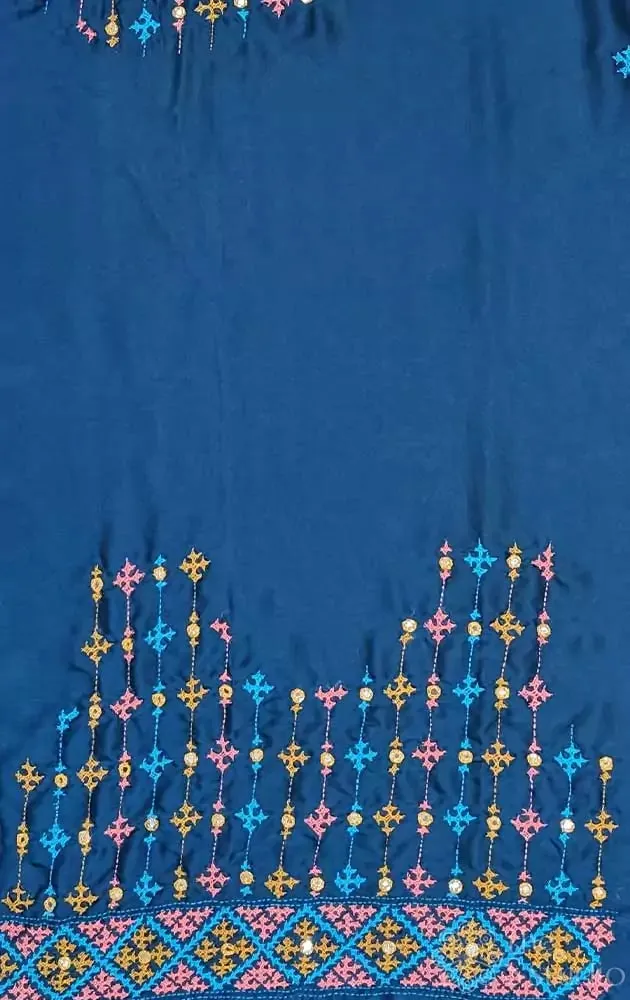 Peacock blue semi silk material featuring mirro work kutch hand embroidery
