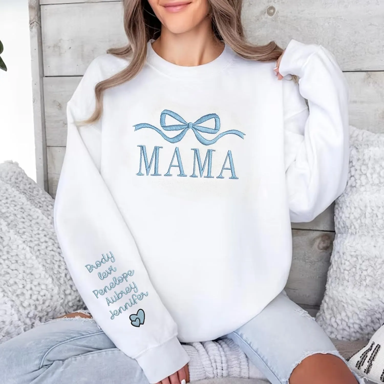 Personalized Embroidered Mama Sweatshirt with Kid Names On Sleeve, Mom Sweatshirt for Women, Gifts for Mom Grandma