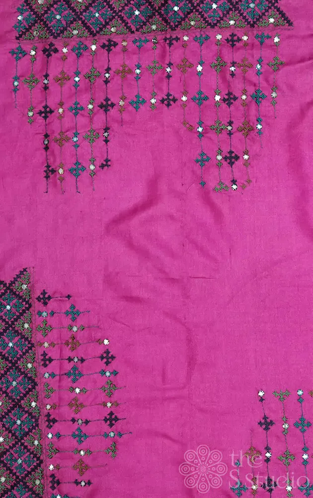 Pink tussar fabric with mirror work kutch hand embroidery