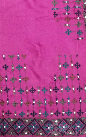 Pink tussar fabric with mirror work kutch hand embroidery