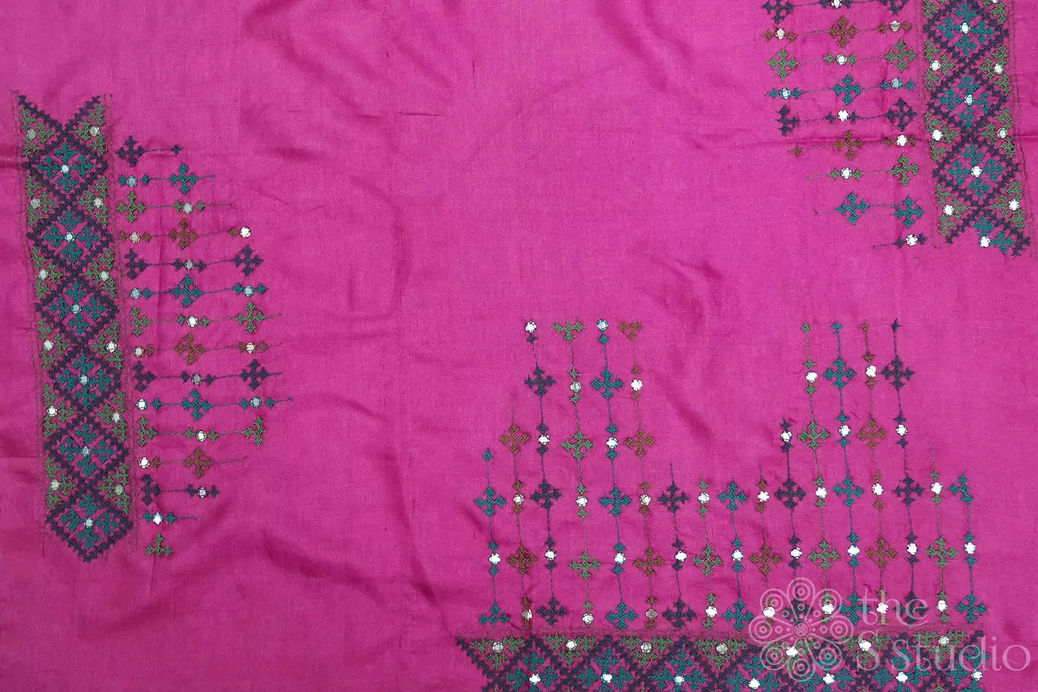 Pink tussar fabric with mirror work kutch hand embroidery