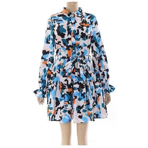 Print Lantern Sleeve Fold Pleat Curved Hem Dress.