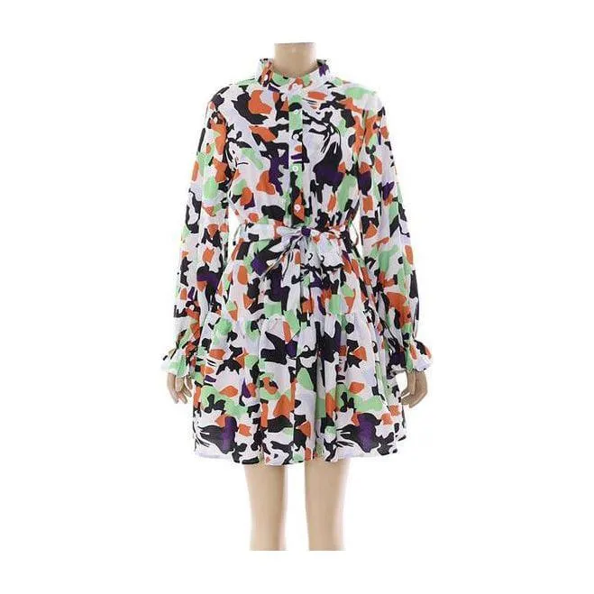 Print Lantern Sleeve Fold Pleat Curved Hem Dress.