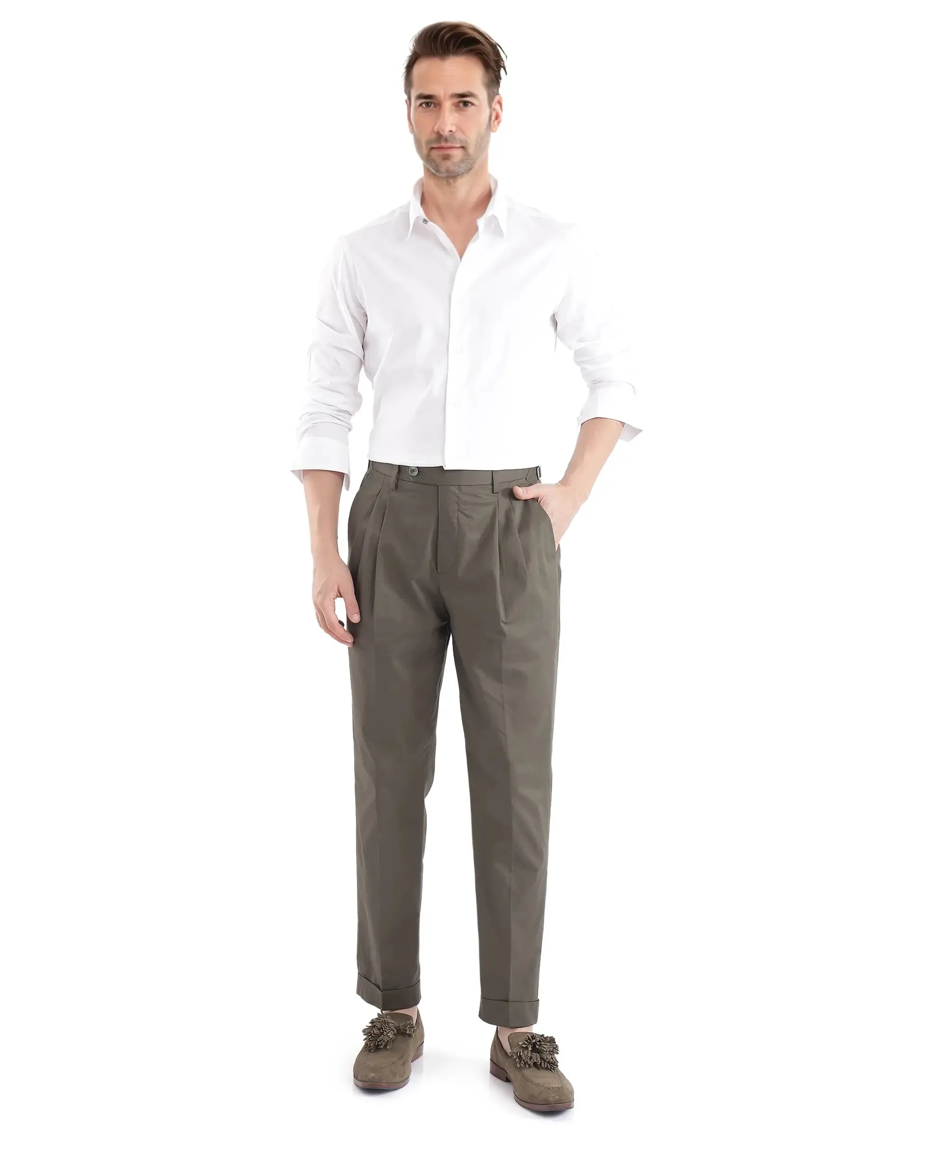 Rare Rabbit Men Lewit Olive Cotton Fabric Adjustable Waistband Pleated Regular Fit Solid Trouser
