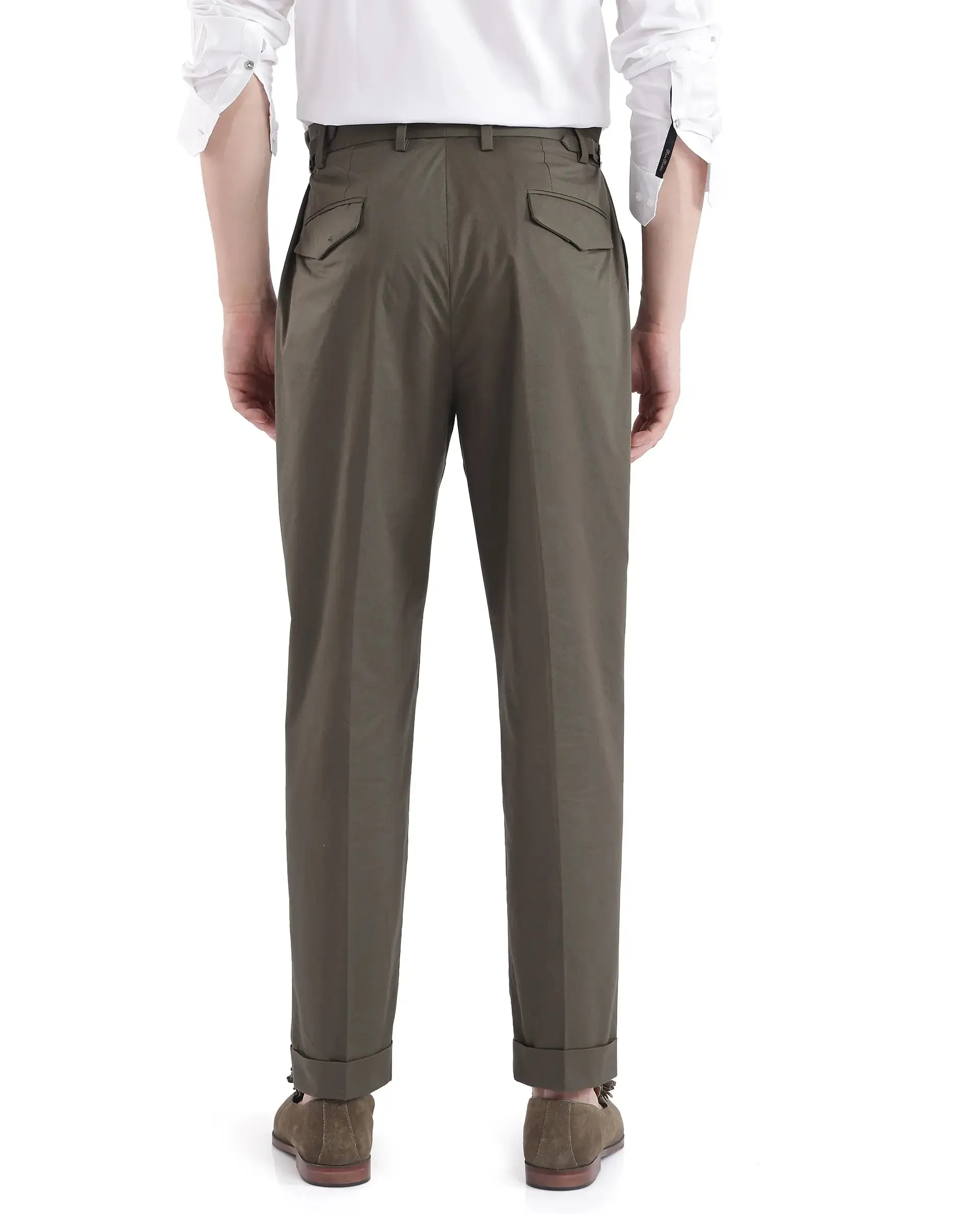 Rare Rabbit Men Lewit Olive Cotton Fabric Adjustable Waistband Pleated Regular Fit Solid Trouser