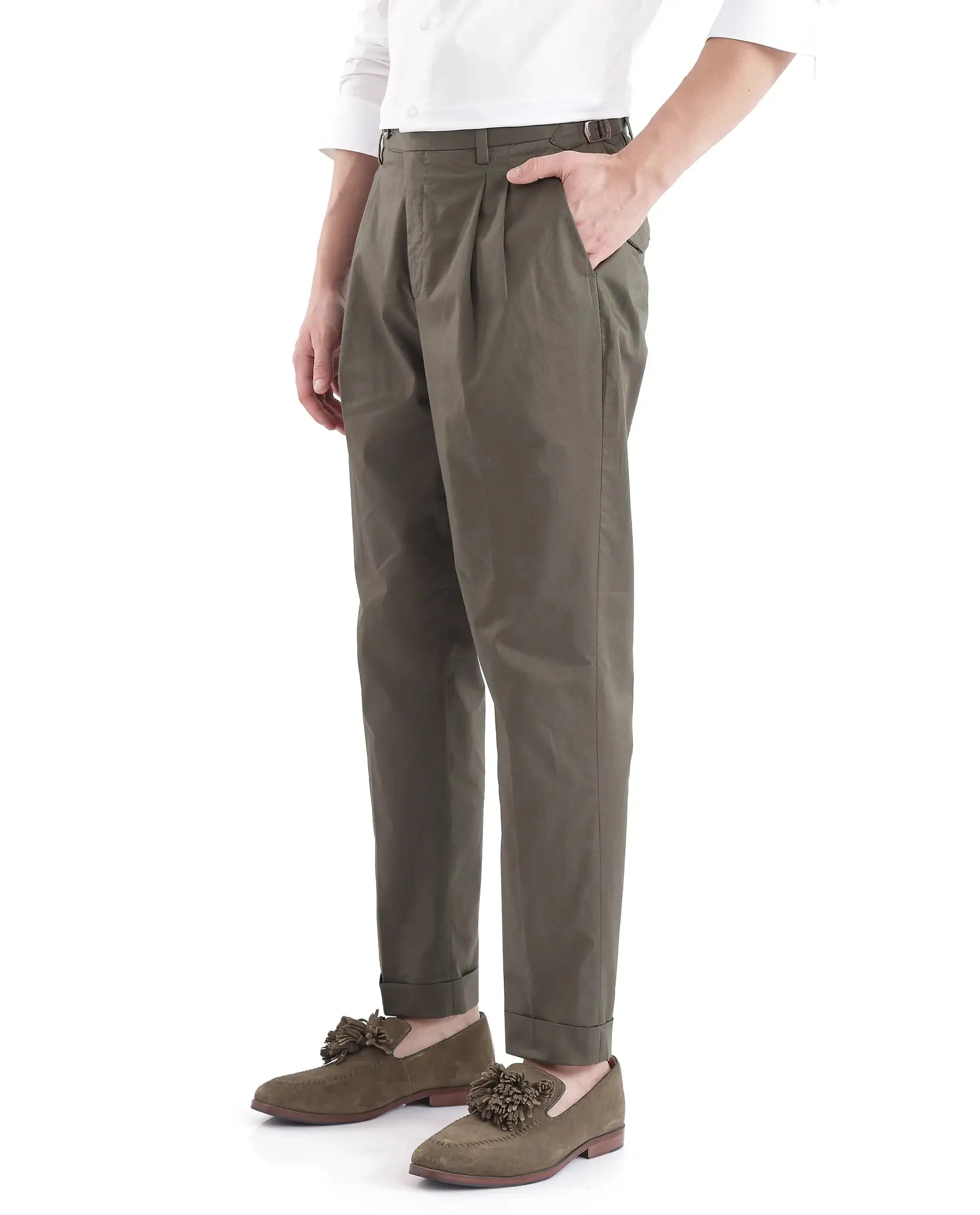 Rare Rabbit Men Lewit Olive Cotton Fabric Adjustable Waistband Pleated Regular Fit Solid Trouser