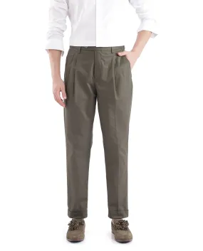 Rare Rabbit Men Lewit Olive Cotton Fabric Adjustable Waistband Pleated Regular Fit Solid Trouser