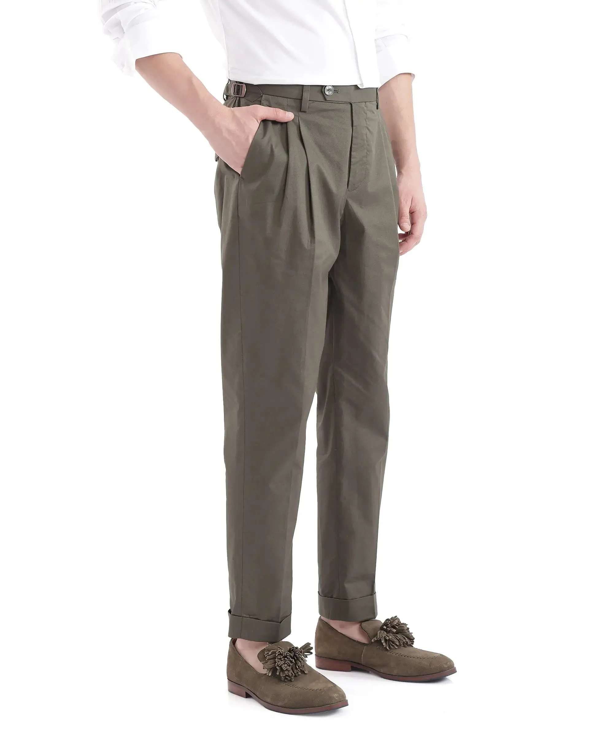 Rare Rabbit Men Lewit Olive Cotton Fabric Adjustable Waistband Pleated Regular Fit Solid Trouser